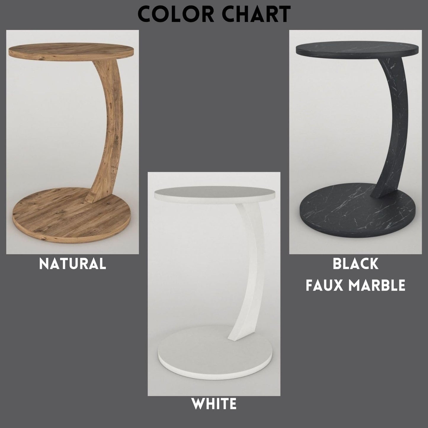 C Shaped End Table for Couch Small Places, Faux Marble Black Space Saver Round Side Table for Sofa and Bedside with Wheels, Coffee and Eating Snack Time Tray for Living Room, Office