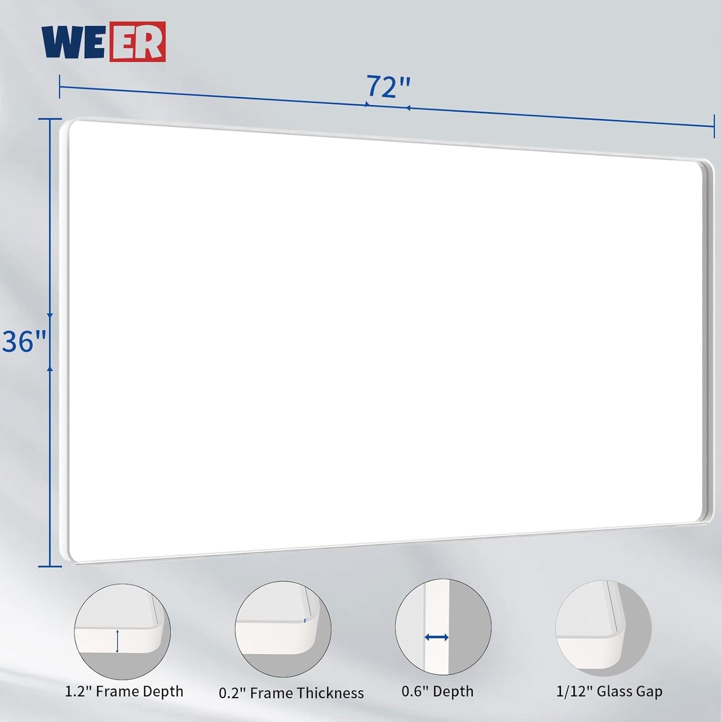 WEER White Bathroom Mirror 72X36 Inch, Rounded Rectangle White Metal Frame Mirror, Matte White Bathroom Vanity Mirror with Tempered Glass, Anti-Rust, Hangs Horizontally or Vertically