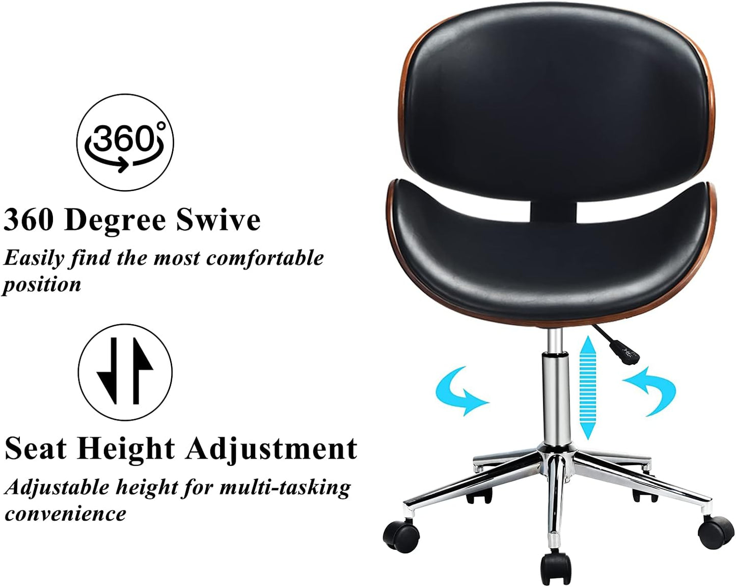 C-CHAIN Adjustable Modern Mid-Century Office Chair with Curved Seat/Back, Swivel Executive Chair, Rolling Computer Chair, Bent Wooden Accent Office Chair for Home and Office