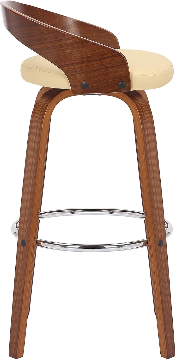 Armen Living Sonia 30" Bar Height Swivel Cream Faux Leather and Walnut Wood Bar Stool