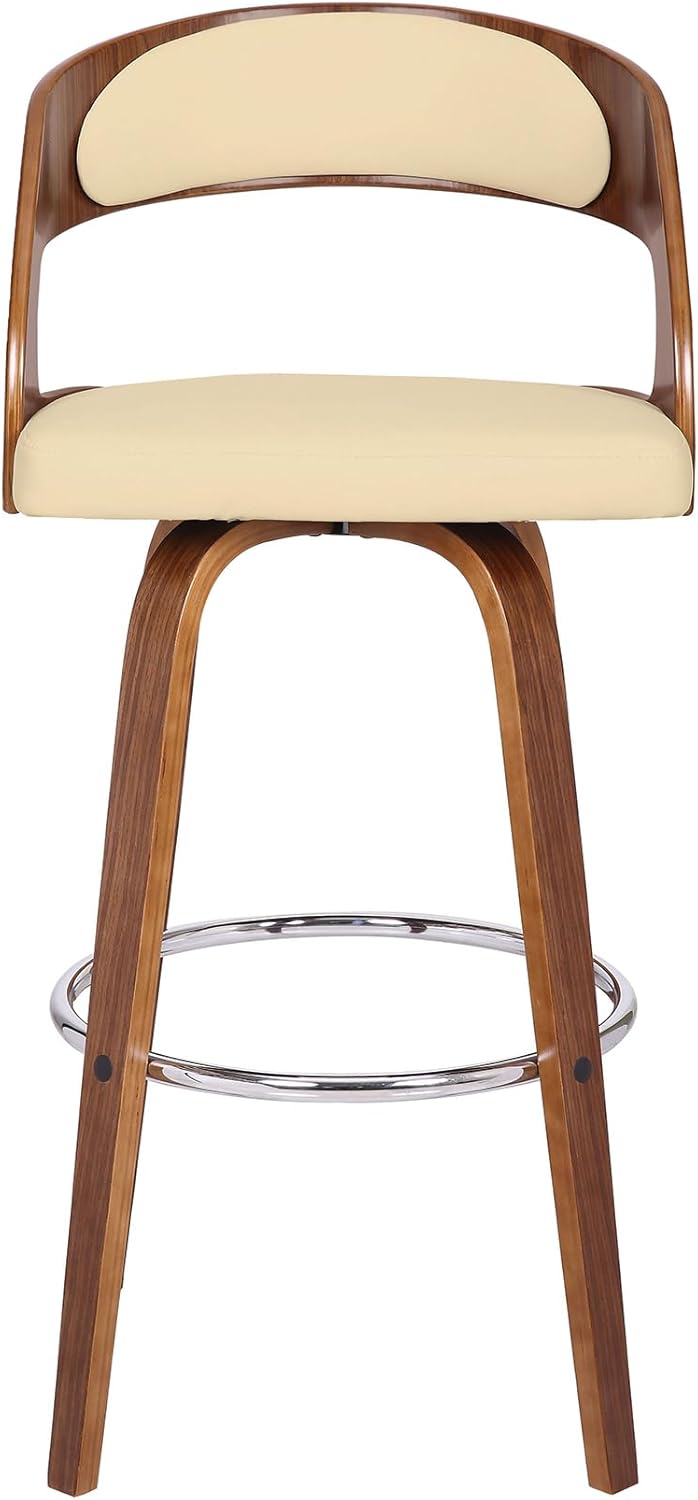 Armen Living Shelly 30" Bar Height Swivel Cream Faux Leather and Walnut Wood Bar Stool - Set of 2
