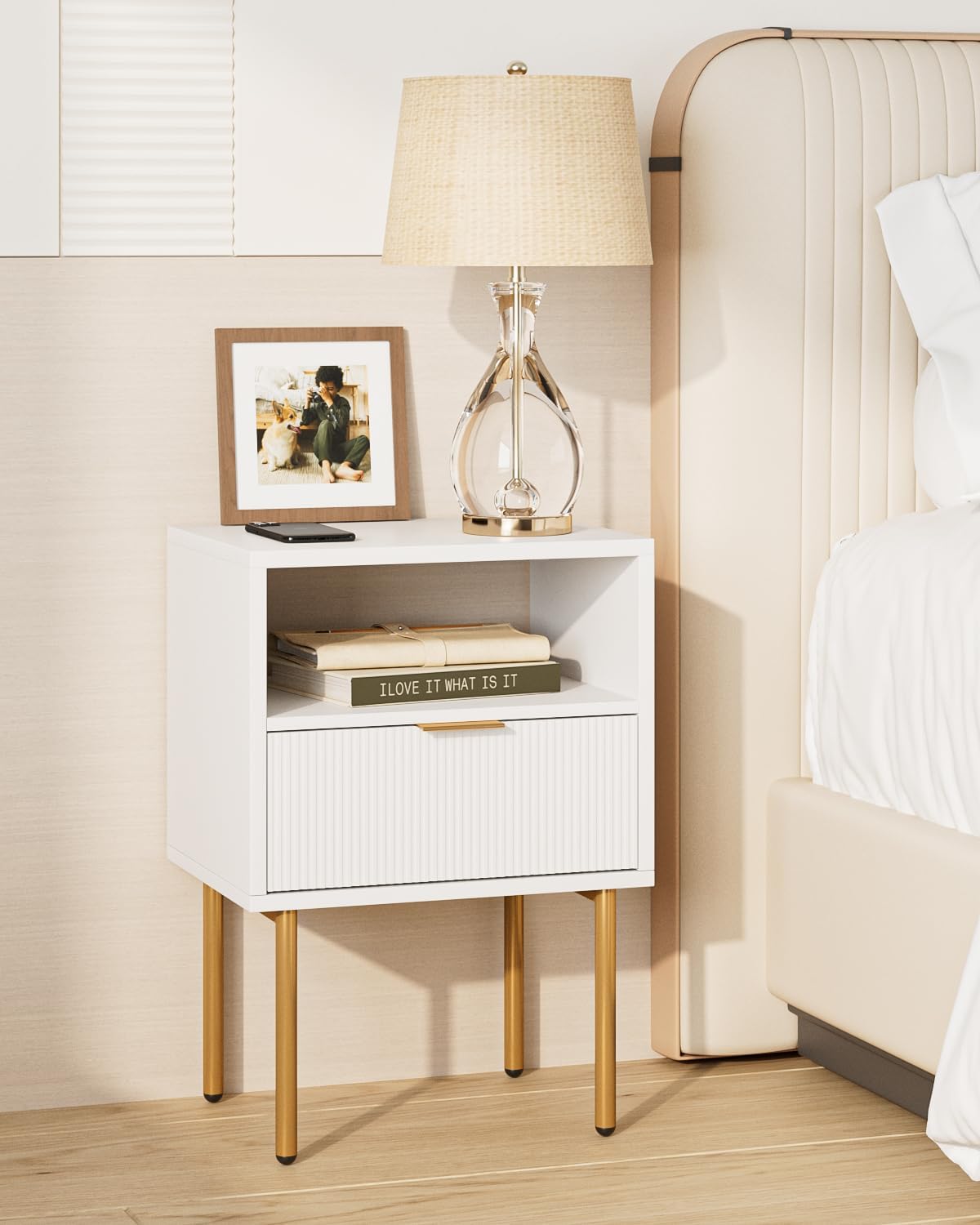 Nightstand,Morden Bedside Table with Gold Frame,Small White Night Stand,End Table,Bedside Furniture,Side Table with Drawer and Shelf for Bedroom,Living Room (1Drawer, White)