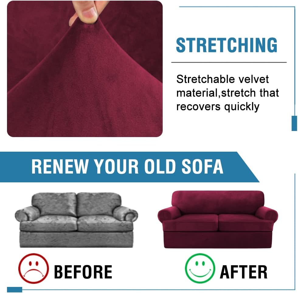 H.VERSAILTEX Sofa Cover 3 Piece T Cushion Sofa Slipcovers Thick Velvet Couch Cover Furniture Protector Stretch T Cushion Sofa Covers for 2 Cushion Couch with 2 Individual T Cushion Covers, Burgundy