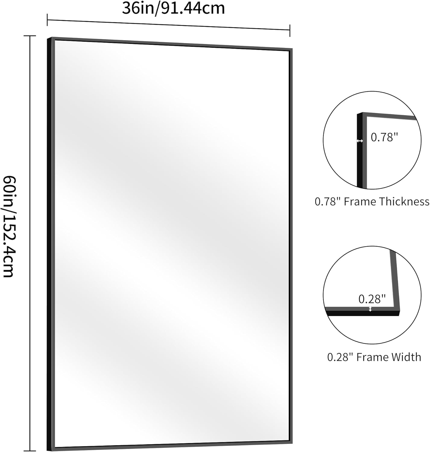 YIROMAN Bathroom Mirror 60"x36", Large Matte Black Bathroom Mirror for Over Sink with Aluminum Frame, Rectangular Vanity Mirror with Right Angle, Wall Mirror Hangs Horizontal or Vertical, Shatterproof
