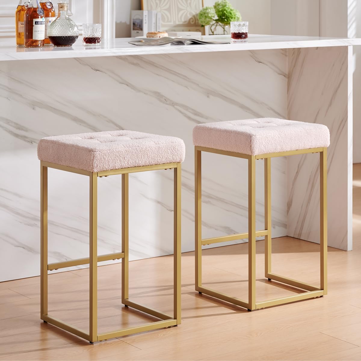 24KF Contemporary Counter Height Bar Stool Set of 2 for Kitchen Island, 26" H Teddy Fabric Padded Gold Barstool Bar Chair,5066-Teddy Pink