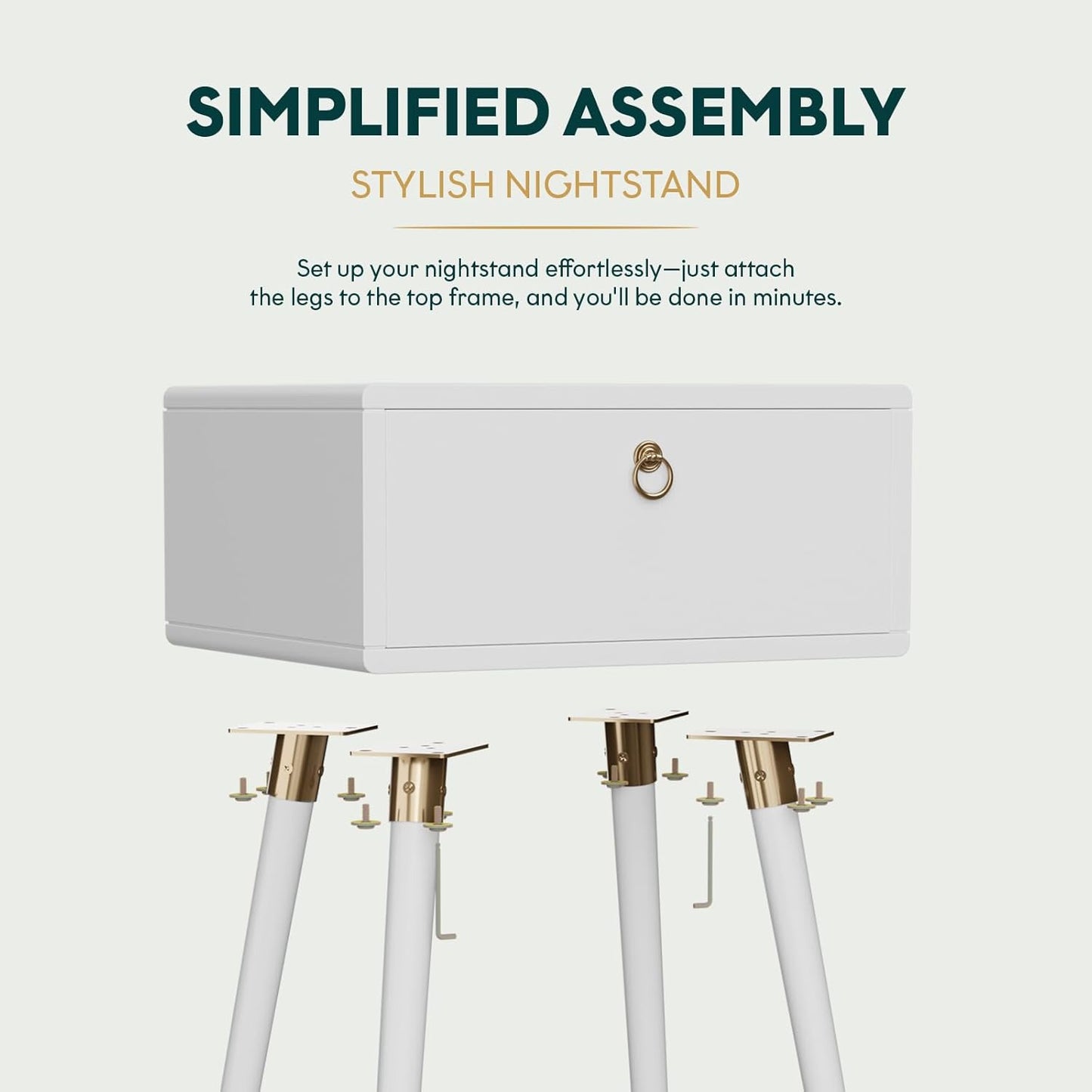 Bme Alden Wood Nightstand, Solid Wood End Table, Mid Century Modern Nightstand, Side Table with 1 Drawer, Compact for Bedroom, Living Room & Study Room, Easy Assembly, Ivory White