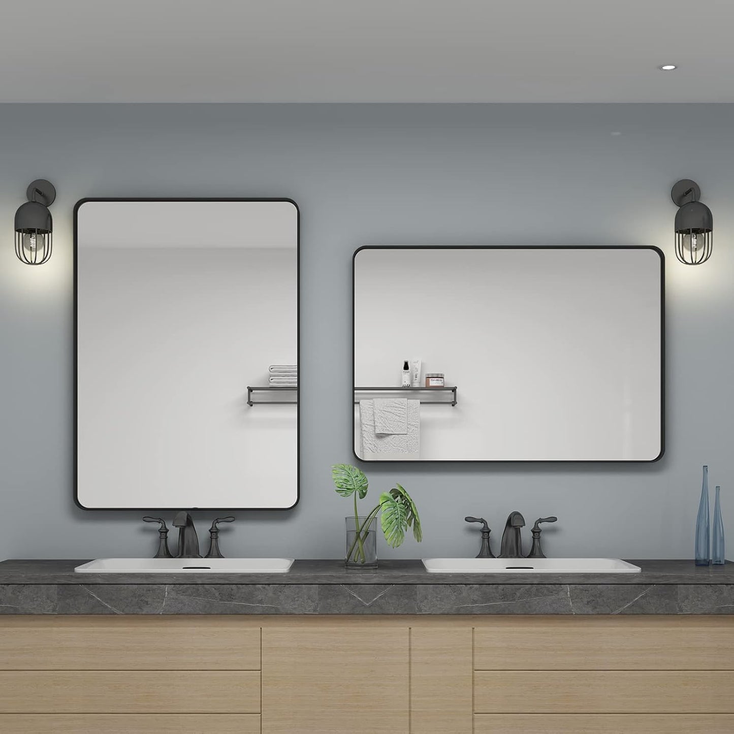 24x36 Inch Black Framed Mirror for Wall, Matte Black Bathroom Rectangle Mirror, Rounded Corner, Anti-Rust (Horizontal/Vertical)