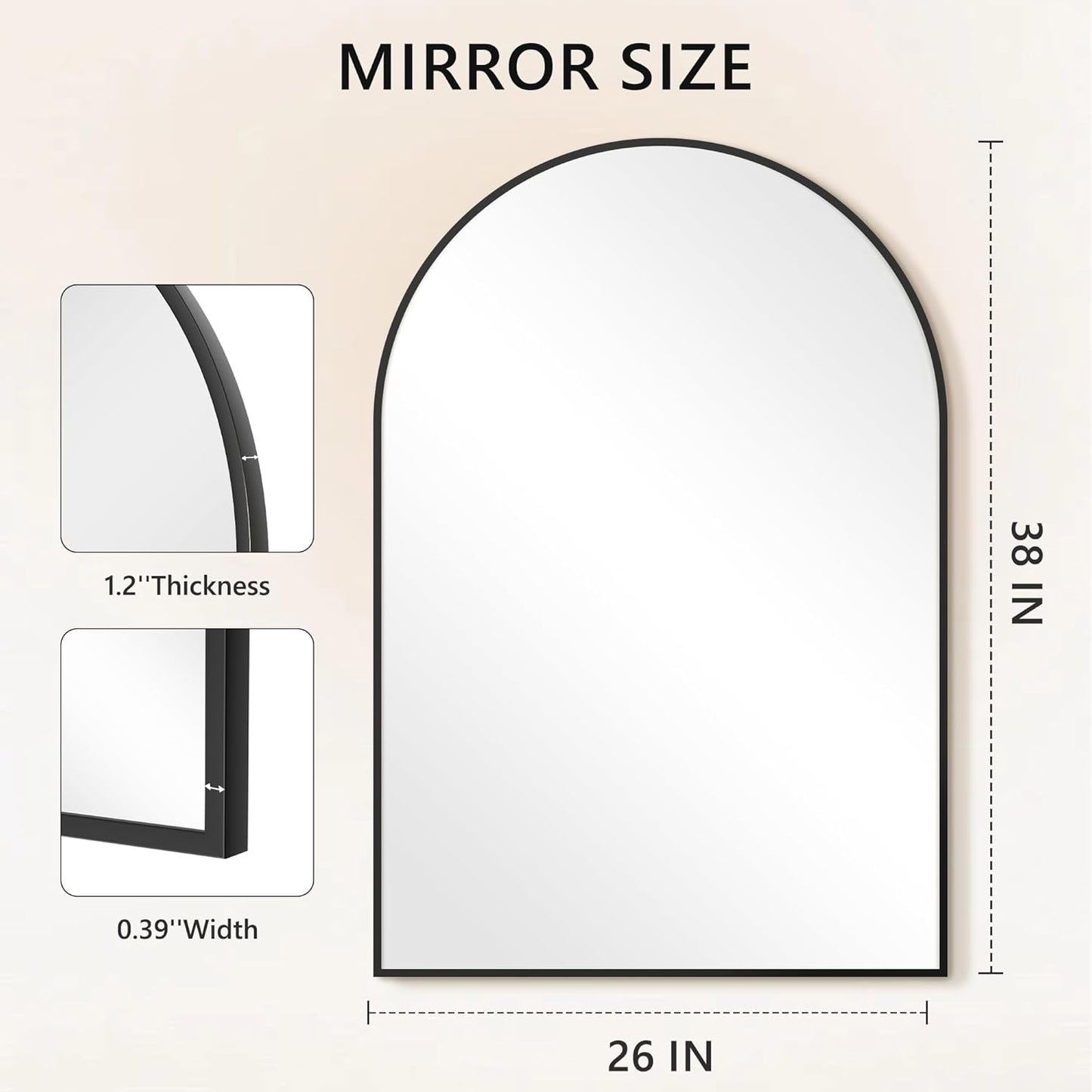 Arched Bathroom Mirror for Wall,Mirror for Vanity,38''x26'' Large Wall Mounted Mirror, Metal Frame (38'' x 26'', Black)