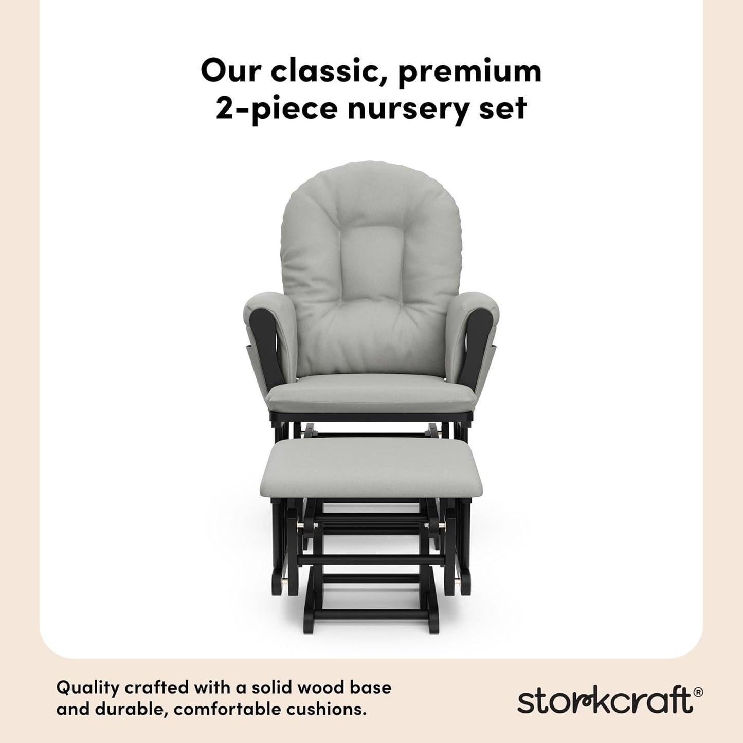 Storkcraft Premium Hoop Glider & Ottoman (Black with Light Gray) — GREENGUARD Gold Certified, Wood Craftsmanship, Convenient Storage Pockets, Smooth-Gliding Chair for Nursery, Multi-Award-Winning
