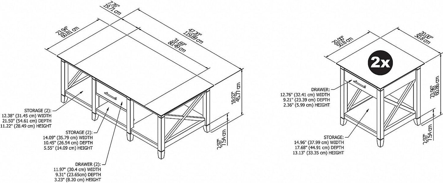 Bush Furniture Key West Coffee Table with Set of 2 End Tables, Washed Gray