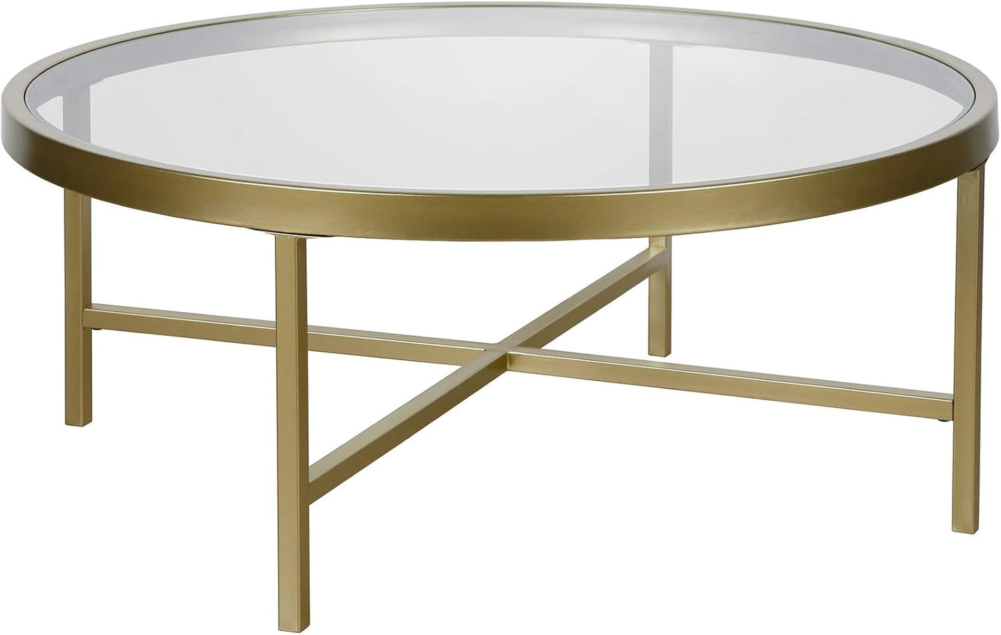 Henn&Hart 36" Wide Round Coffee Table with Glass Top in Brass, Modern coffee tables for living room, studio apartment essentials