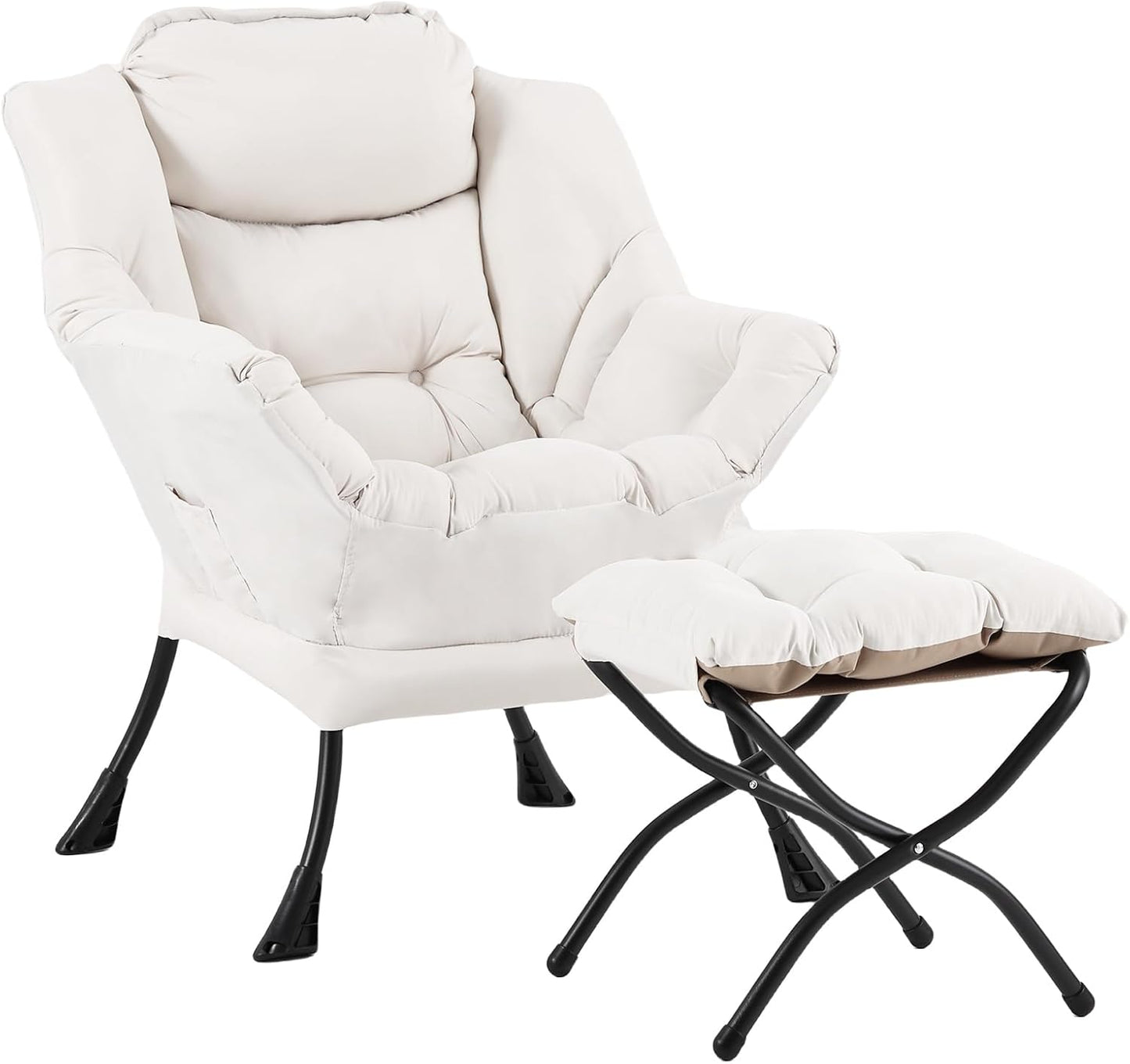 Lazy Chair with Ottoman, Modern Reading Lounge Accent Chair with Armrests and a Side Pocket, Leisure Upholstered Lazy Sofa Set with Footrest for Small Space, Beige