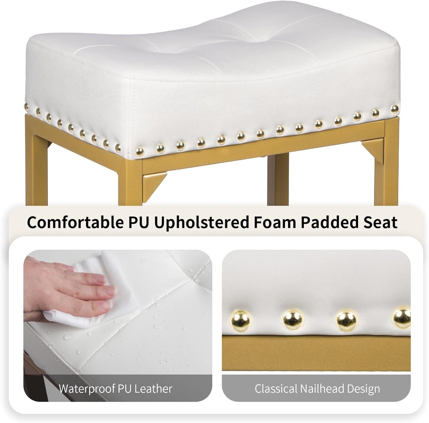 Bar Stools Set of 2, Counter Height Bar Stools for Kitchen Island, 24 Inch Modern White & Gold Saddle Backless Barstools, Counter Stool with Metal Base & Thick Saddle Seats(White+Gold)