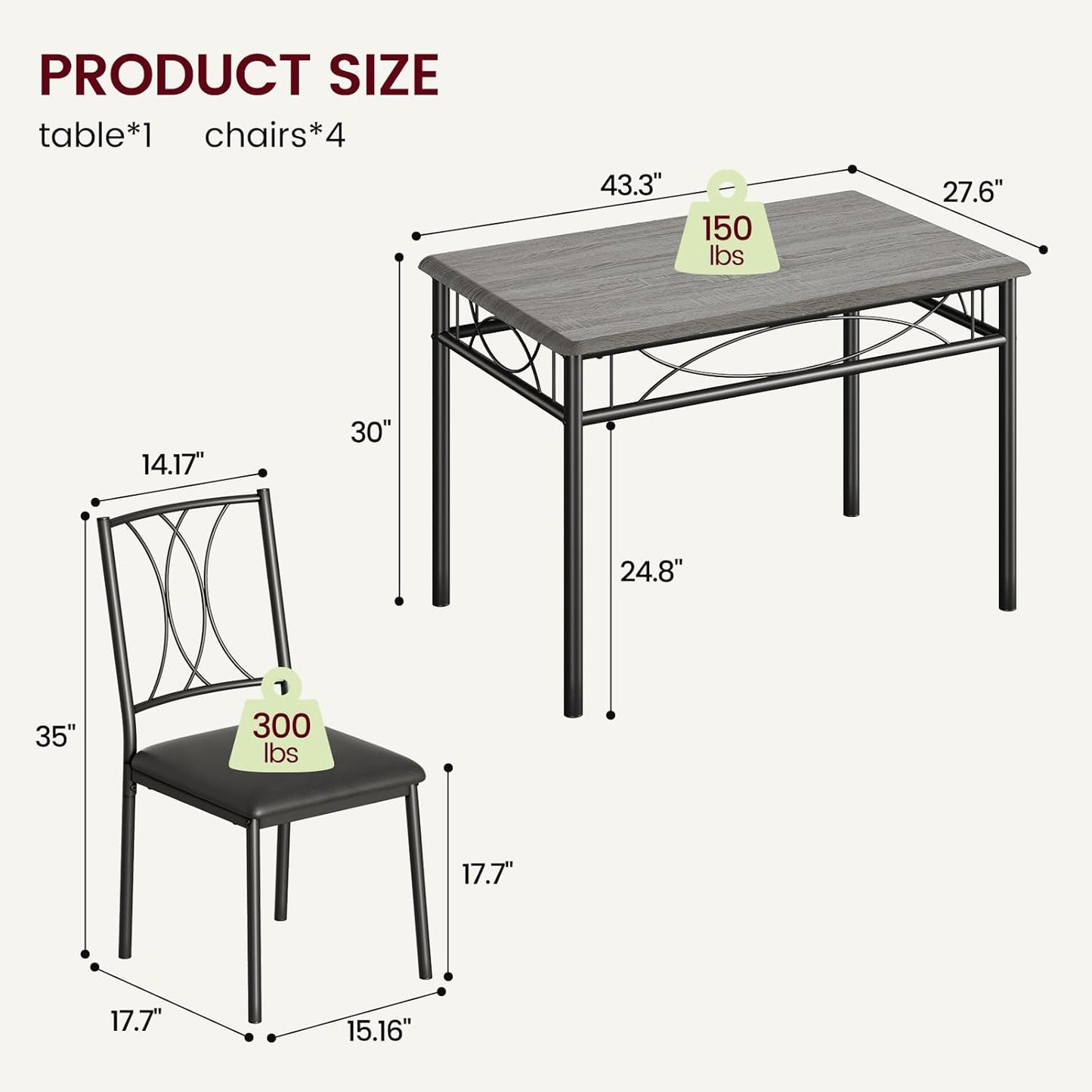 CABIHOME Dining Table Set, 5 Piece Rectangle Dining Kitche Table Set for 4 with 4 Upholstered Chairs, Dining Table Set for Small Space, Apartment, Retro Gray