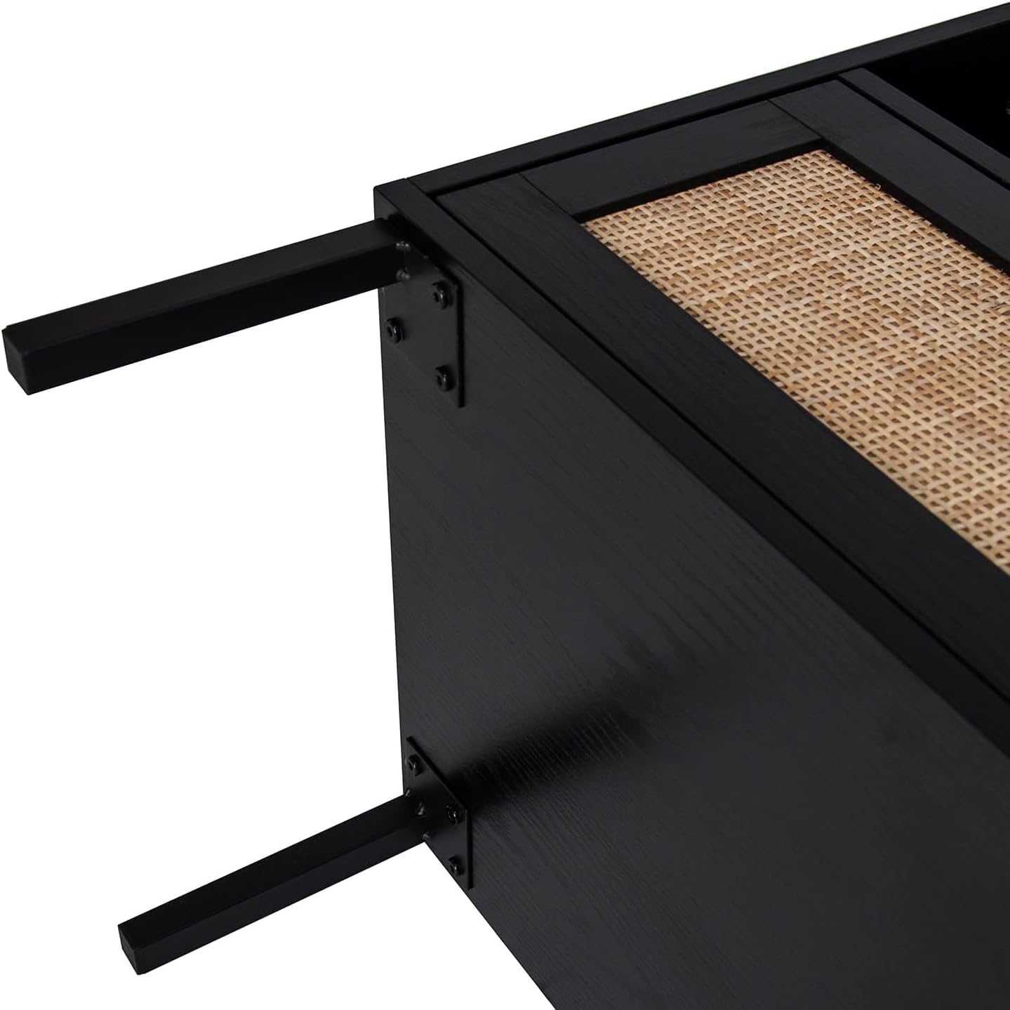 Rattan Night Stand Set 2, Boho Bedside Table Black Nightstand with Rattan Door, Storage Cabinet, Open Storage Space & Sturdy Metal Legs, Accent Bed Side Table, Wood End Tables Bedroom