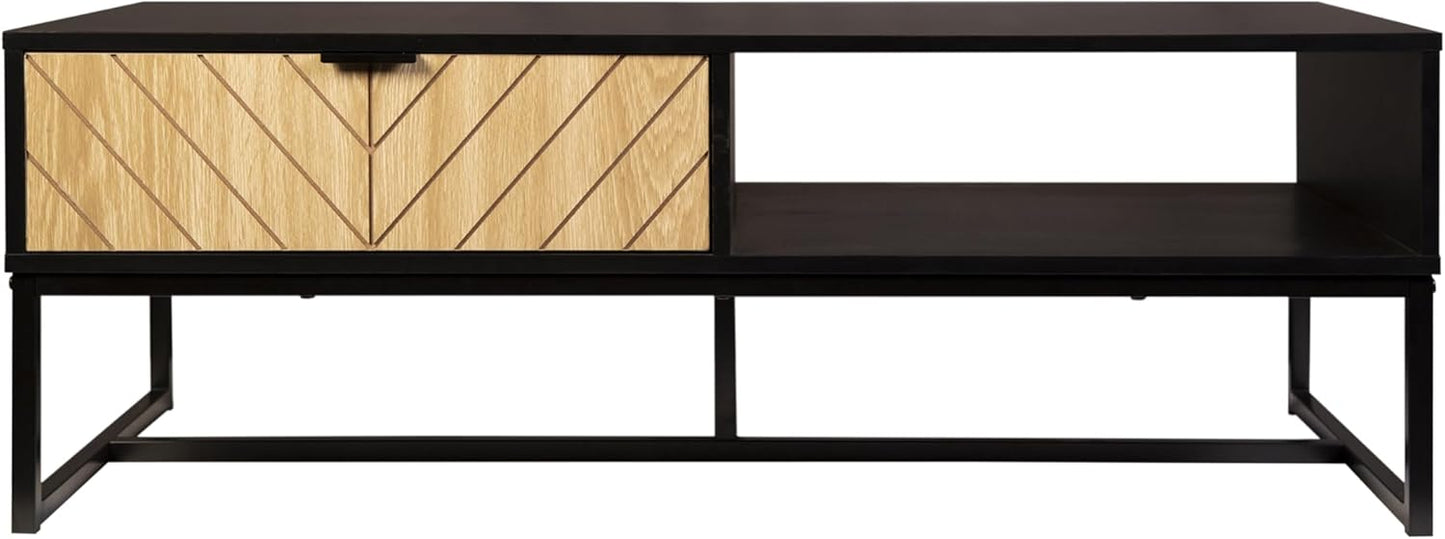 AC Pacific Bali Coastal Modern TV Stand with Storage Cubby and Natural Wood Drawer, Stylish and Functional Entertainment Center for Living Room or Bedroom, 47" Long, Black