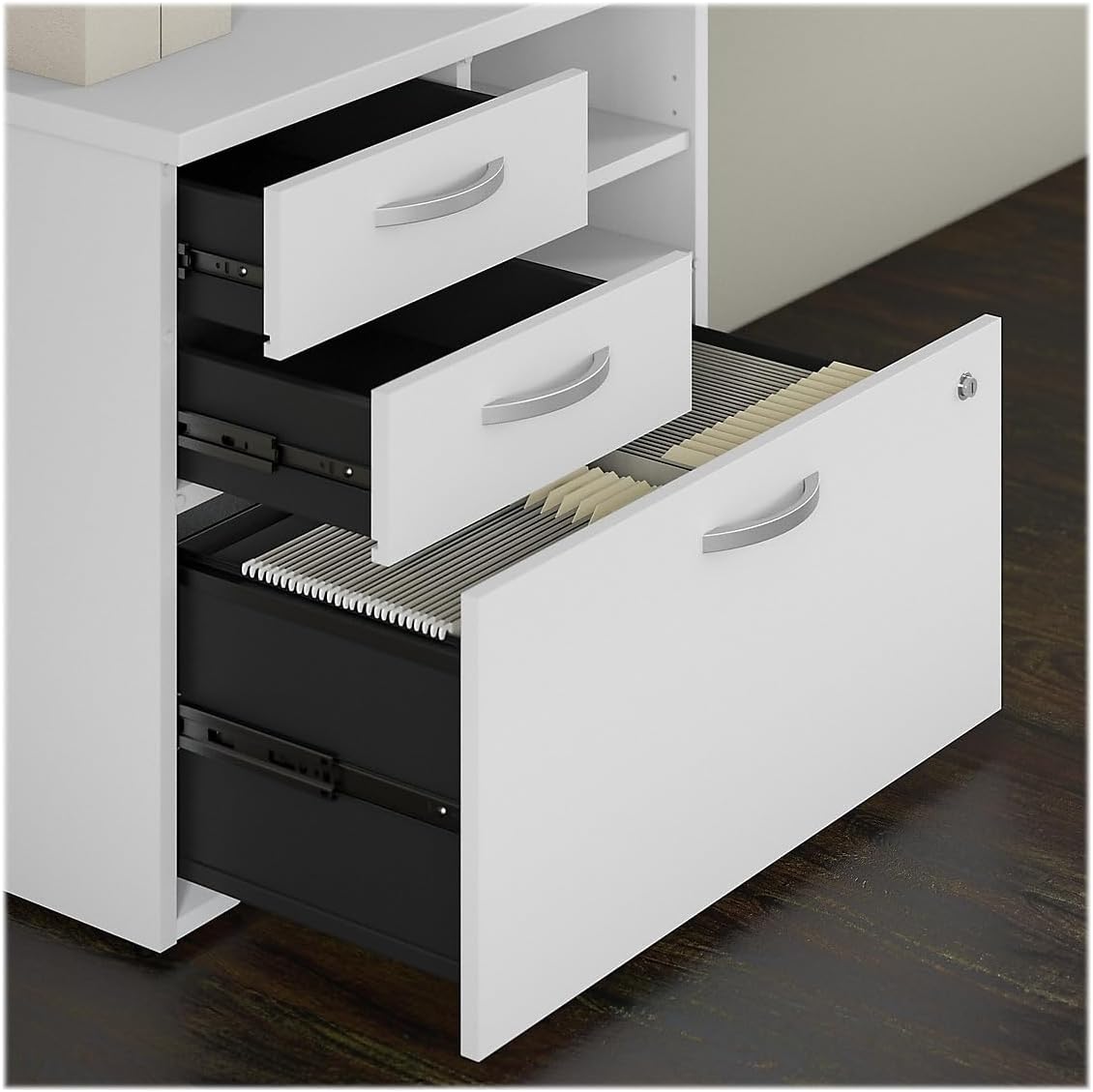 Bush Business Furniture Studio C Office Storage Cabinet with Drawers and Shelves in White, Organization for Home or Professional Workspace