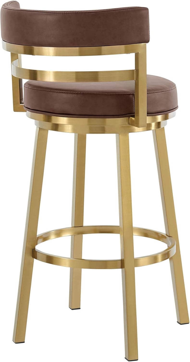 Armen Living Madrid 30" Seat Height Swivel Modern Vintage Coffee Faux Leather and Gold Brushed Stainless Steel Bar Stool for Kitchen Island Counter