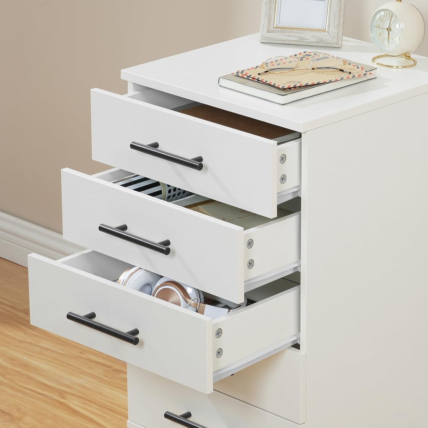 HOOBRO 5-Drawer File Cabinet, Office Filing Cabinet with Drawers, Wooden Mobile Storage Cabinet with Wheels, for Makeup, Home Office, Easy Assembly, White WT05WJ01G1