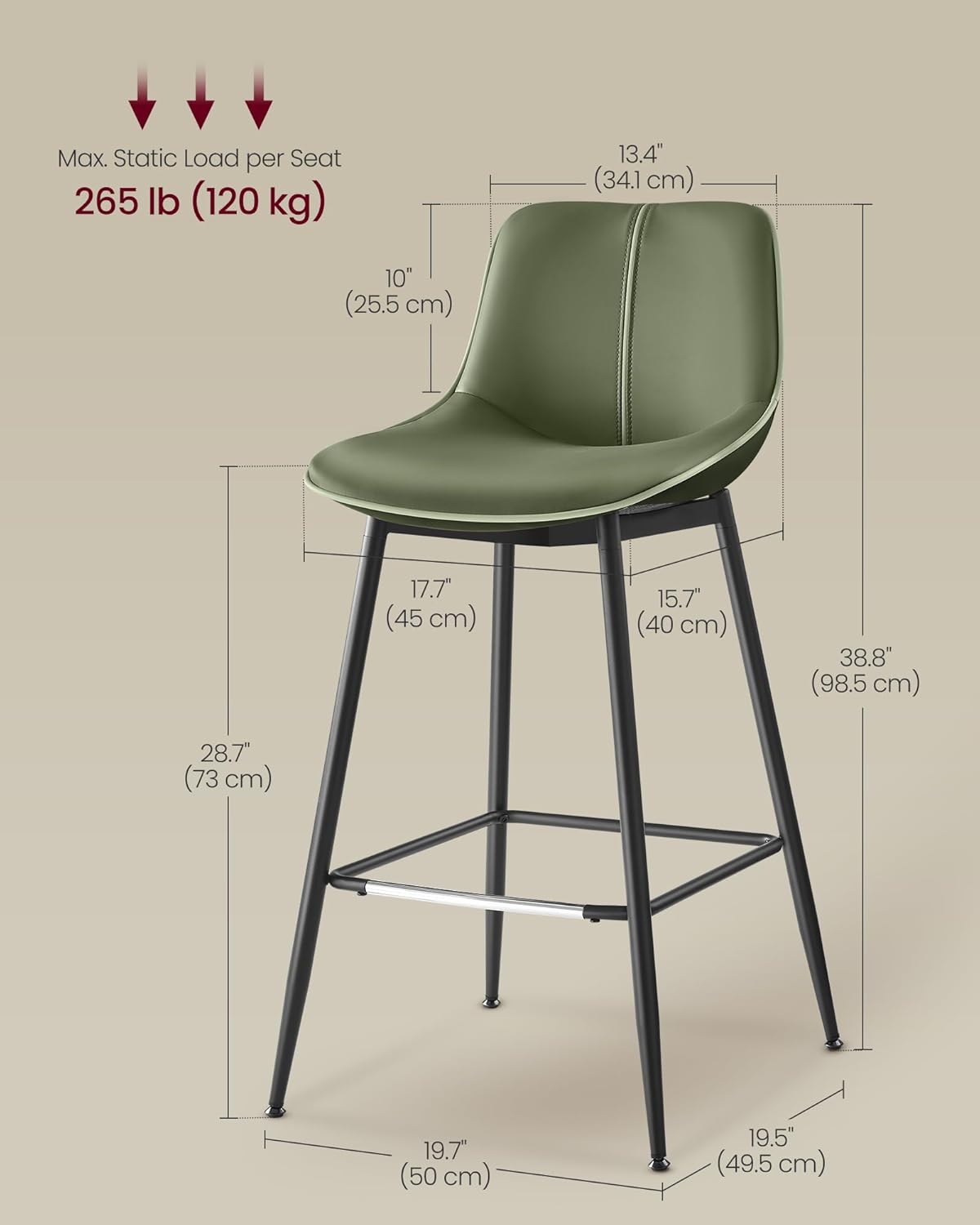 VASAGLE Bar Stools Set of 2, Bar Height Bar Stools with Back, Ergonomic Backrest, Synthetic Leather, Metal Legs, 28.7-Inch Tall Barstools for Kitchen Island Home Bar, Easy Assembly, Forest Green
