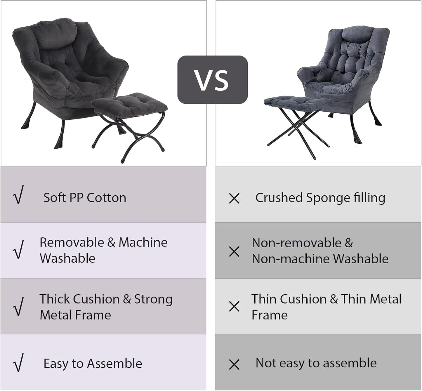 Oversized Chair with Ottoman, Modern Reading Chair, Lounge Accent Chair with Armrests and a Side Pocket for Small Space, Bedroom, Study, Living Room (Plush Dark Greyish Blue)