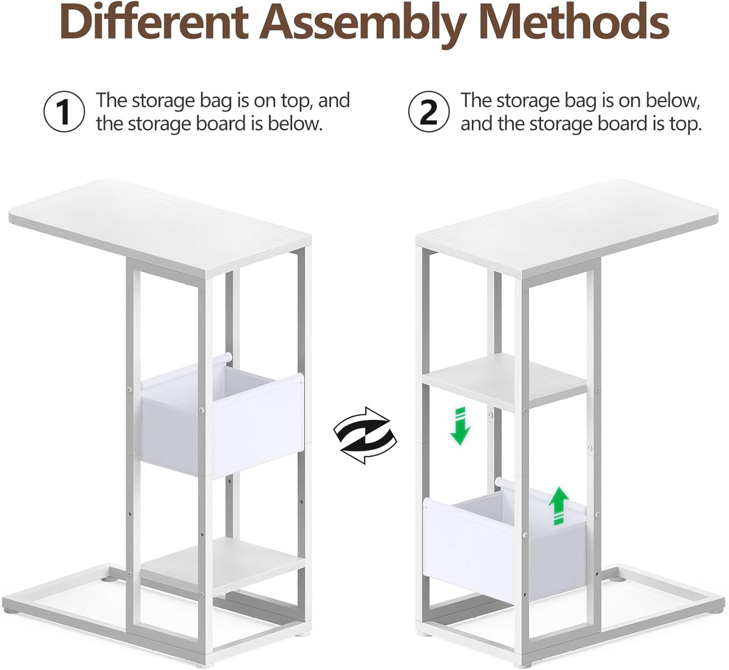 C Shaped End Table, Small Side Table for Couch, Recliner, Slide Under Sofa Tray Desk Snack Tables with Storage Bag for Living Room,Bedroom, Small Spaces - White