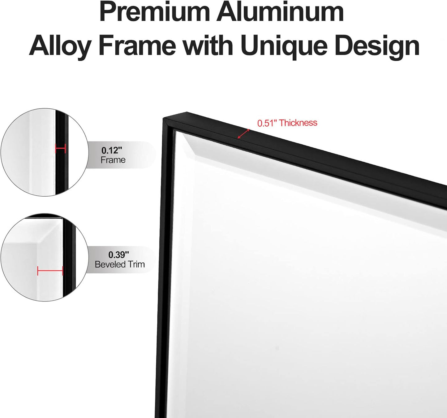 30x48 Inch Black Mirror with Beveled Trim, Aluminum Frame Bathroom Vanity Mirror, Copper-Free Mirror, Rectangle Wall Mounted Mirror, Modern Rectangular Mirror Horizontal or Vertical