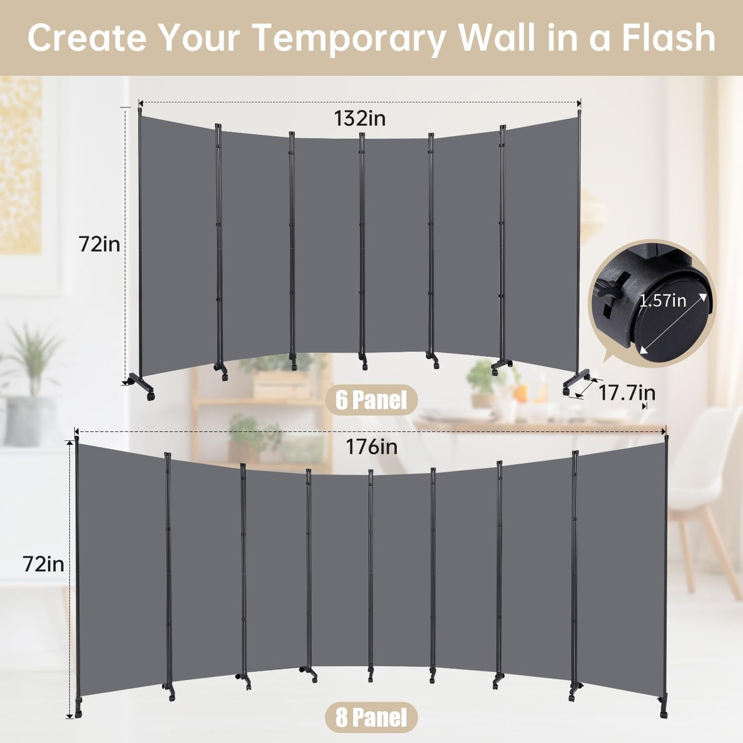 Room Divider 6 Panel Room Dividers/Wheels, Fabric Room Divider Panel for Office Room Partitions and Dividers, Portable Partition Wall Divider for Room Separation, Privacy Screen