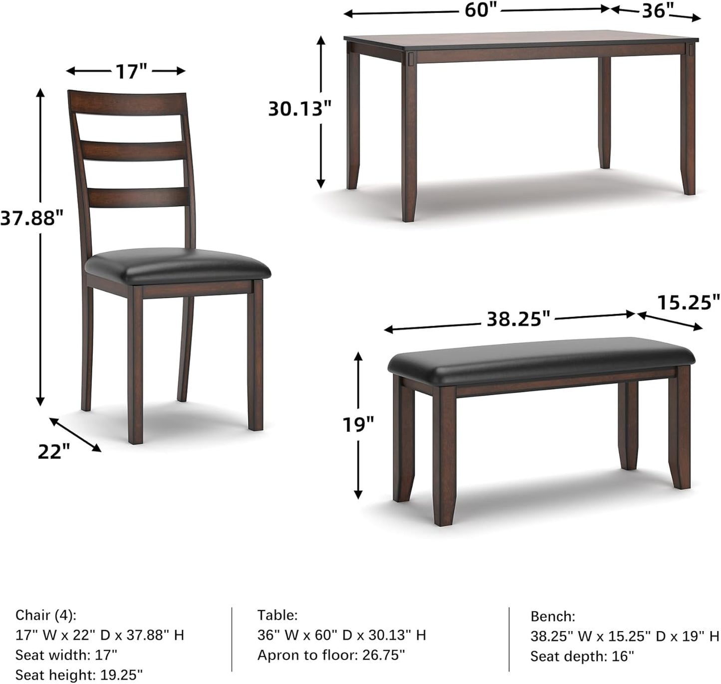 Signature Design by Ashley Coviar 6 Piece Dining Set, Includes Table, 4 Chairs & Bench, Dark Brown