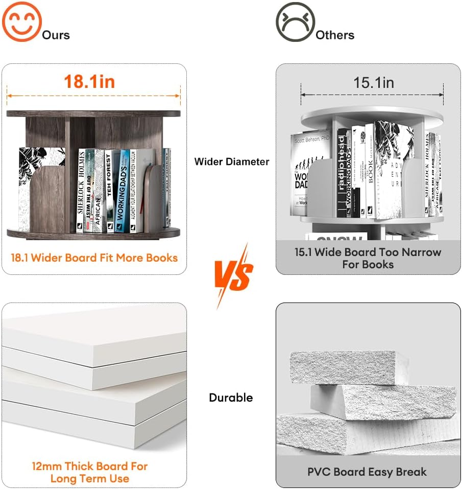 Nidouillet Rotating Bookshelf, Revolving Bookcase 360 Display Round Bookshelf Narrow Swivel Corner Book Shelf Standing Bookcase for Adult Bedroom, Living Room (Oak Grey, 3 Tier)