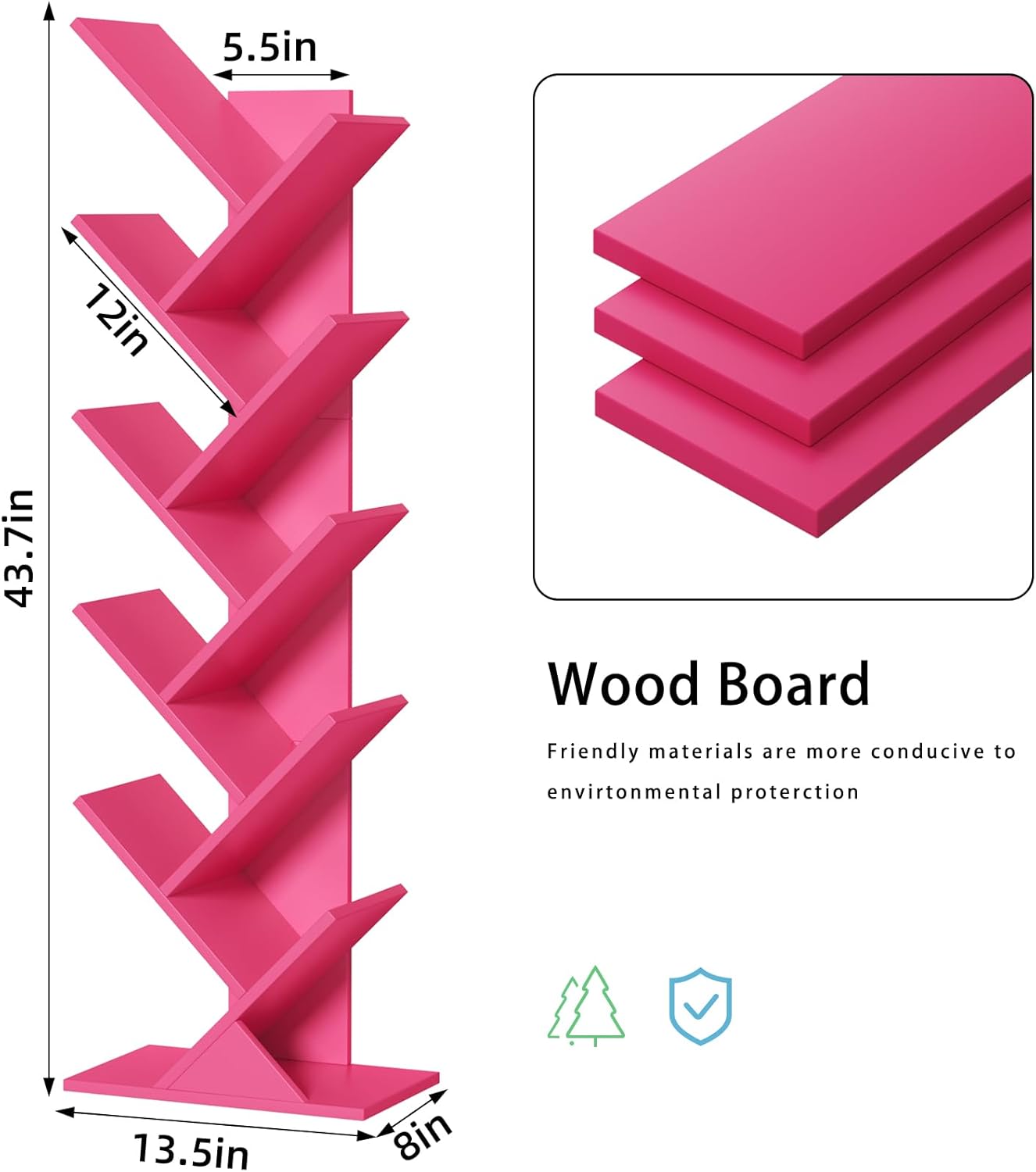 10 Tier Tree Book Shelf, Floor Standing Wood Bookshelf for Narrow Space, Storage Organizer Bookshelves for Books/CDs/Magazine, Bookcase with Shelves for Home Office, Living Room - Pink