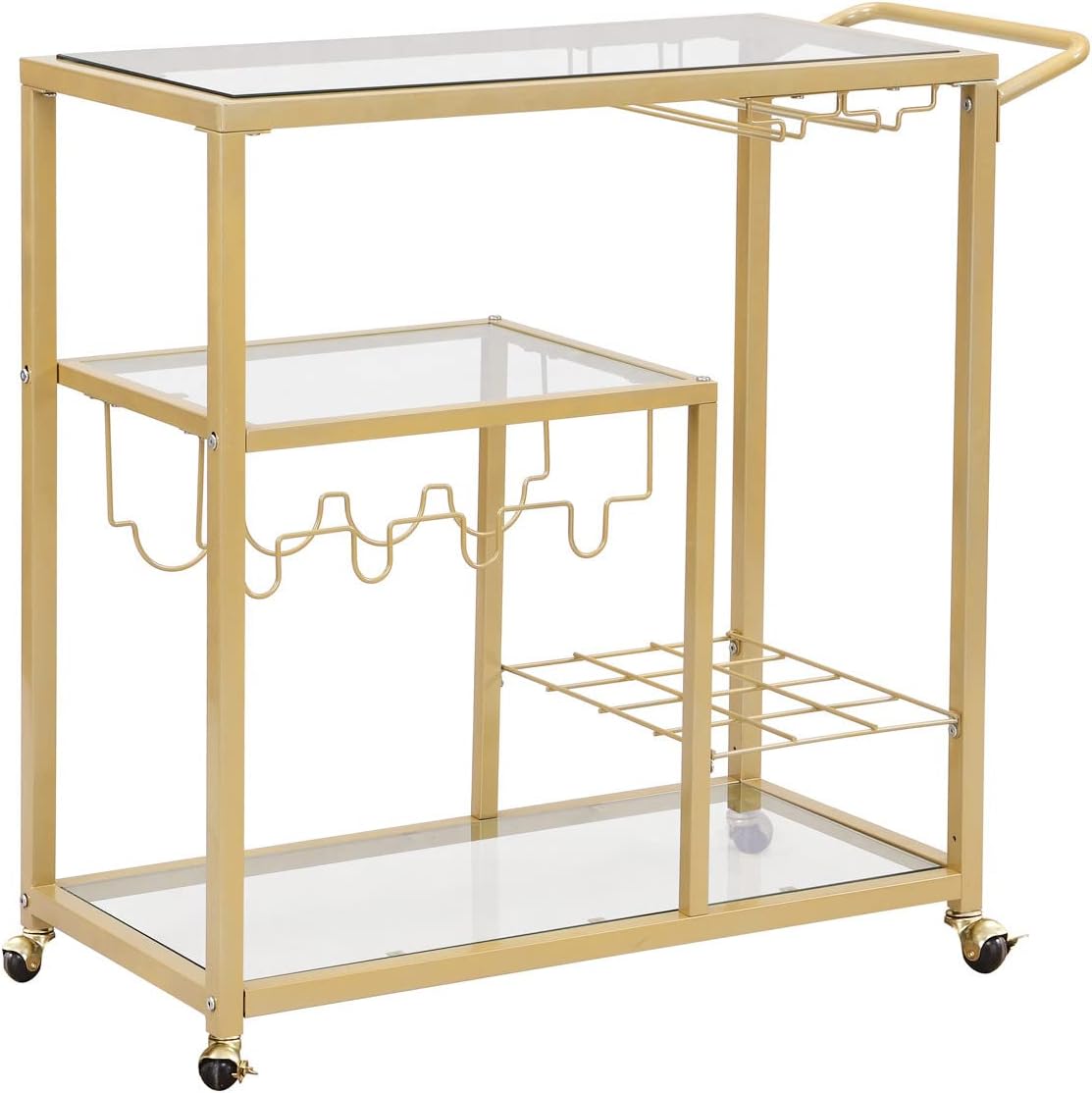 Rolling Bar Carts Gold with Wheels,Home Bar Serving Cart with Glass Wine Holders 3 Tier for Kitchen Home, Party,Dining Room