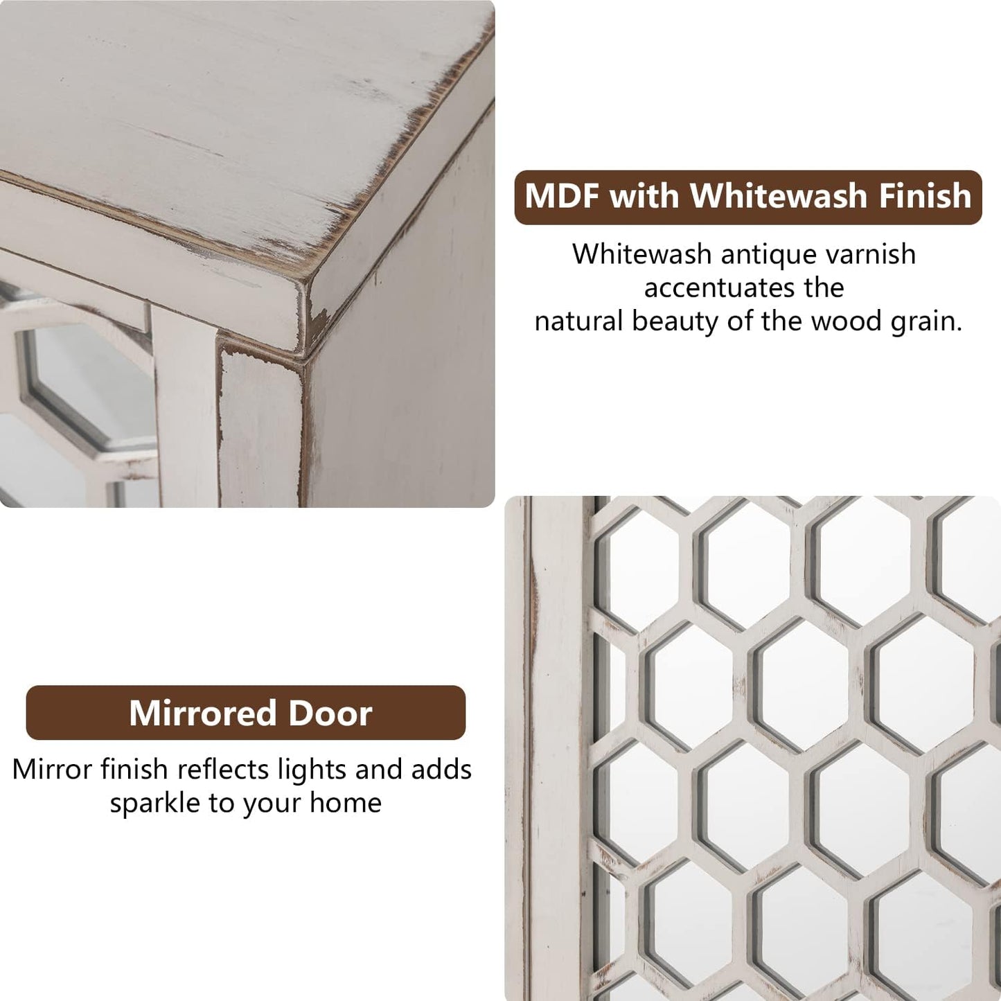 COSIEST 31.5" W Sideboard Buffet Cabinet with Mirrored Doors and Adjustable Shelf, Kitchen Storage Cabinet with Sliding Doors for Dining Room, Hallway, Living Room (White, Honeycomb Pattern)