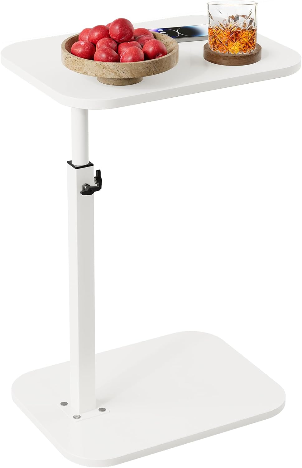 C Shaped End Table for Couch, Adjustable Height Couch Side Table, Horizontal 360°Swivel Small TV Tray Table Couch Side Tables That Slide Under (White)