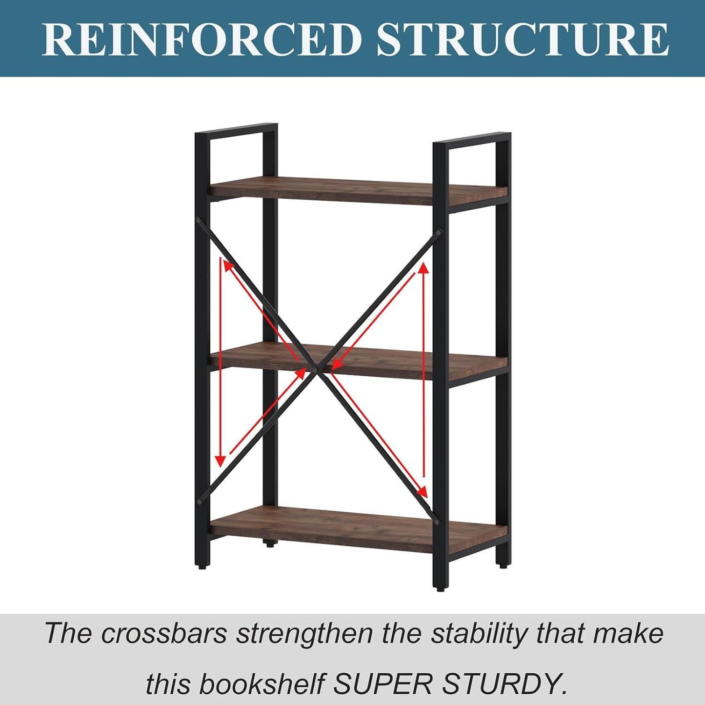 BON AUGURE 3 Tier Industrial Bookshelf, Office Small Open Book Shelf for Small Space, Short Narrow Wooden Etagere Bookcase for Living Room, Bedroom and Kitchen (Rustic Oak)