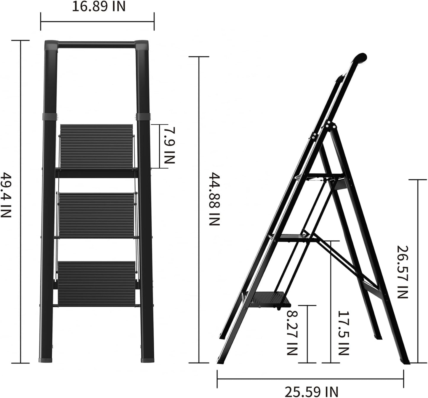3 Step Ladder,Folding Step Stool with Aluminum Wide Pedal& Convenient Handgrip,330lbs Capacity Steel Ladder for Household and Office(Black)