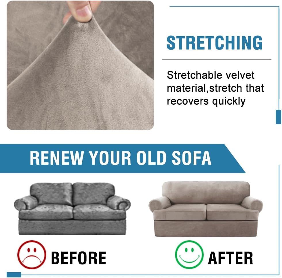 H.VERSAILTEX Sofa Cover 3 Piece T Cushion Loveseat Slipcovers Thick Velvet Couch Cover Furniture Protector Stretch T Cushion Sofa Covers for 2 Cushion Couch with 2 T Cushion Covers Washable, Taupe
