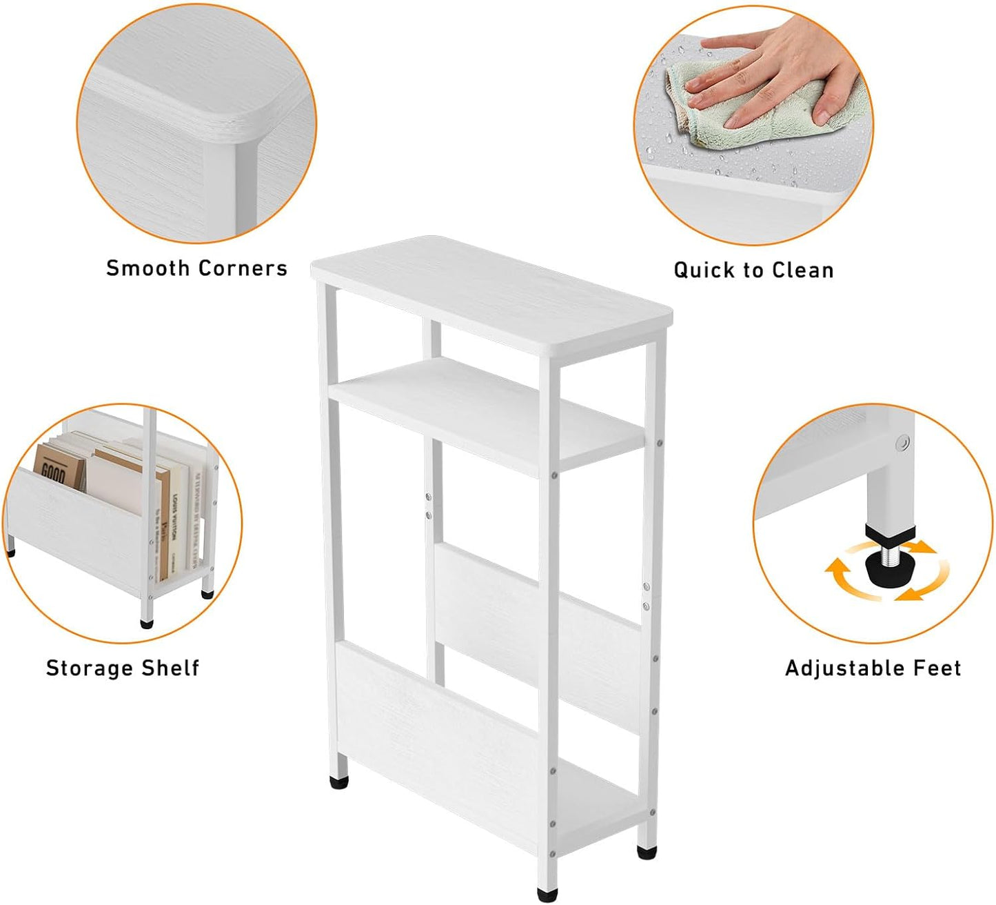 7.1" Narrow Side Table for Small Spaces, 3 Tier Small End Table with Magazine Holder, Slim/Skinny Nightstand/Bedside Table for Living Room, Bedroom, 15.4" L x 24.2" H, White