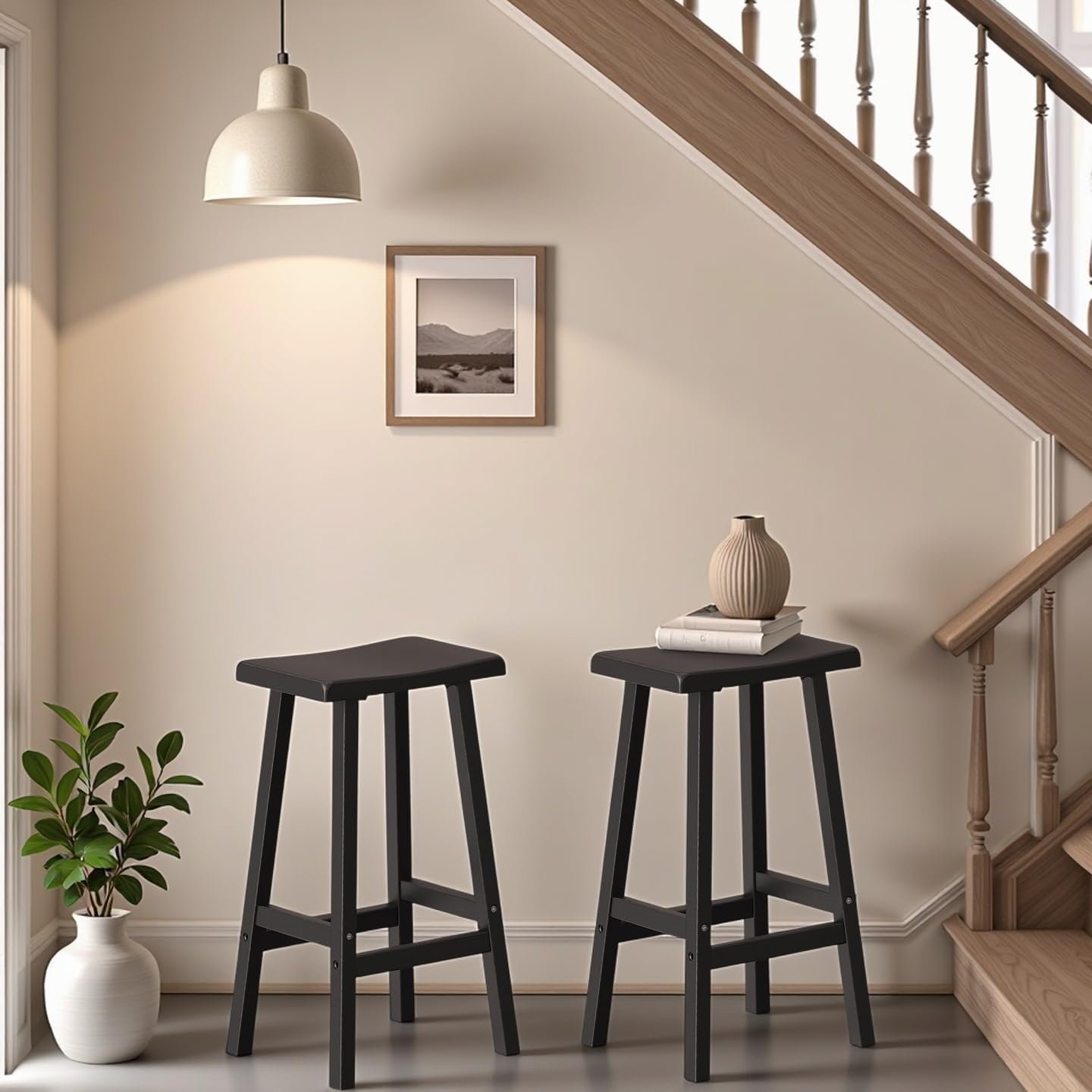 24" H Bar Stools Set of 2 - Classic Saddle Seat with Footrest, Resin Kitchen Counter Stool, Anti-Slip & Waterproof - Tall Barstools for Bar, Kitchen, Dining Room, Lounge - Black