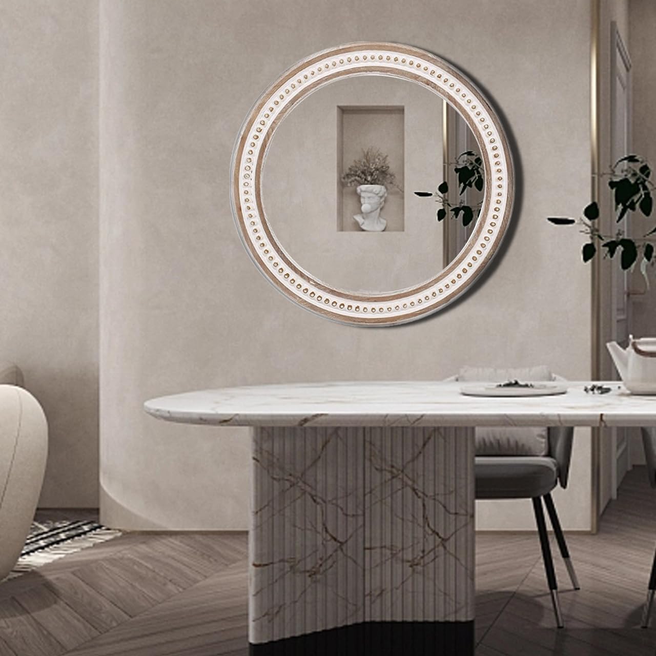 32'' Boho Wooden Large Round Wall Mirrors, Rustic Farmhouse Circle Mirrors Decorative Mirrors for Bathroom, Bedroom Over Sink, Living Room, Entryway