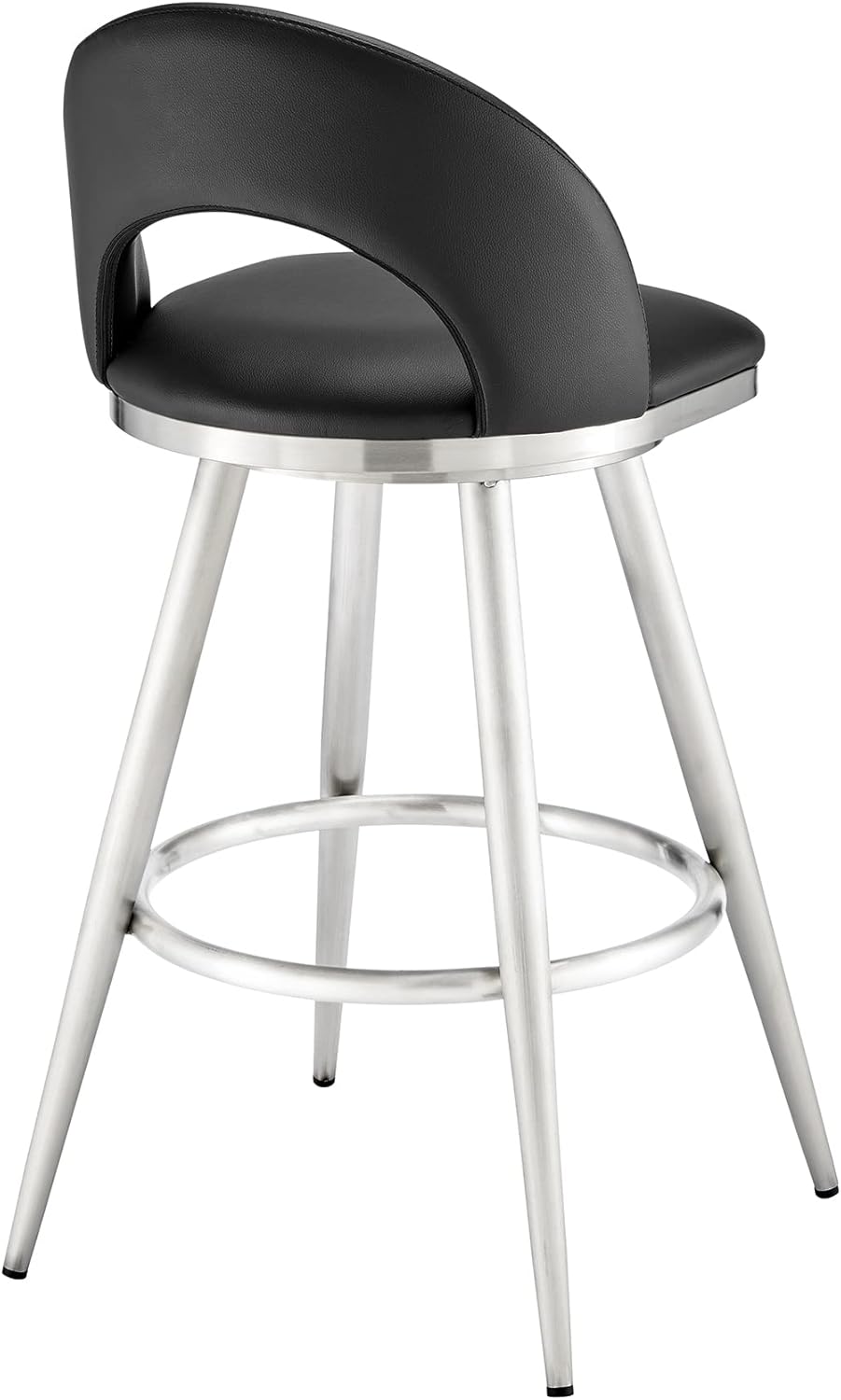 Armen Living Charlotte Swivel Bar Stool in Brushed Stainless Steel with Black Faux Leather