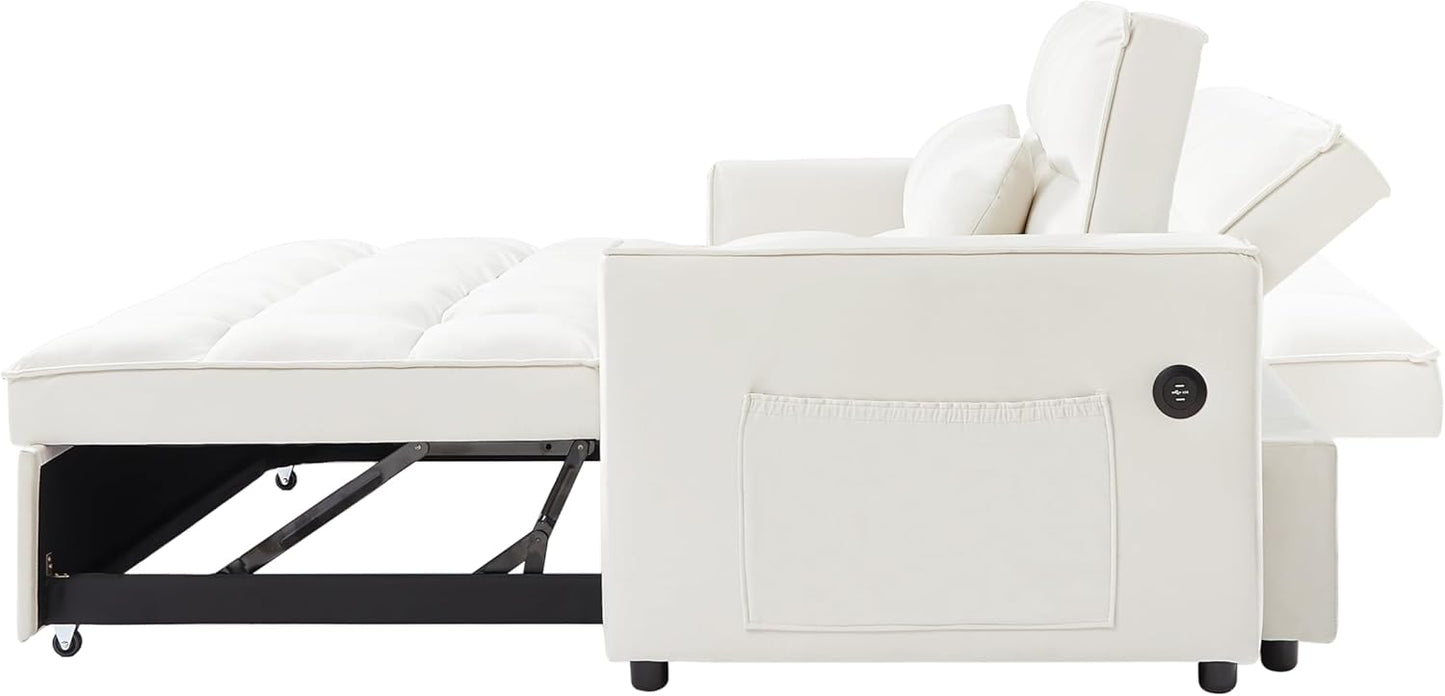 ERYE 64" W Full Size 3 in 1 Convertible Sleeper Sofabed W/Cupholders and USB Ports, Modern Velvet Upholstered Loveseat Sofa with Pull Out Sleep Couch Bed and Reclining Backrest for Home Apartment RV