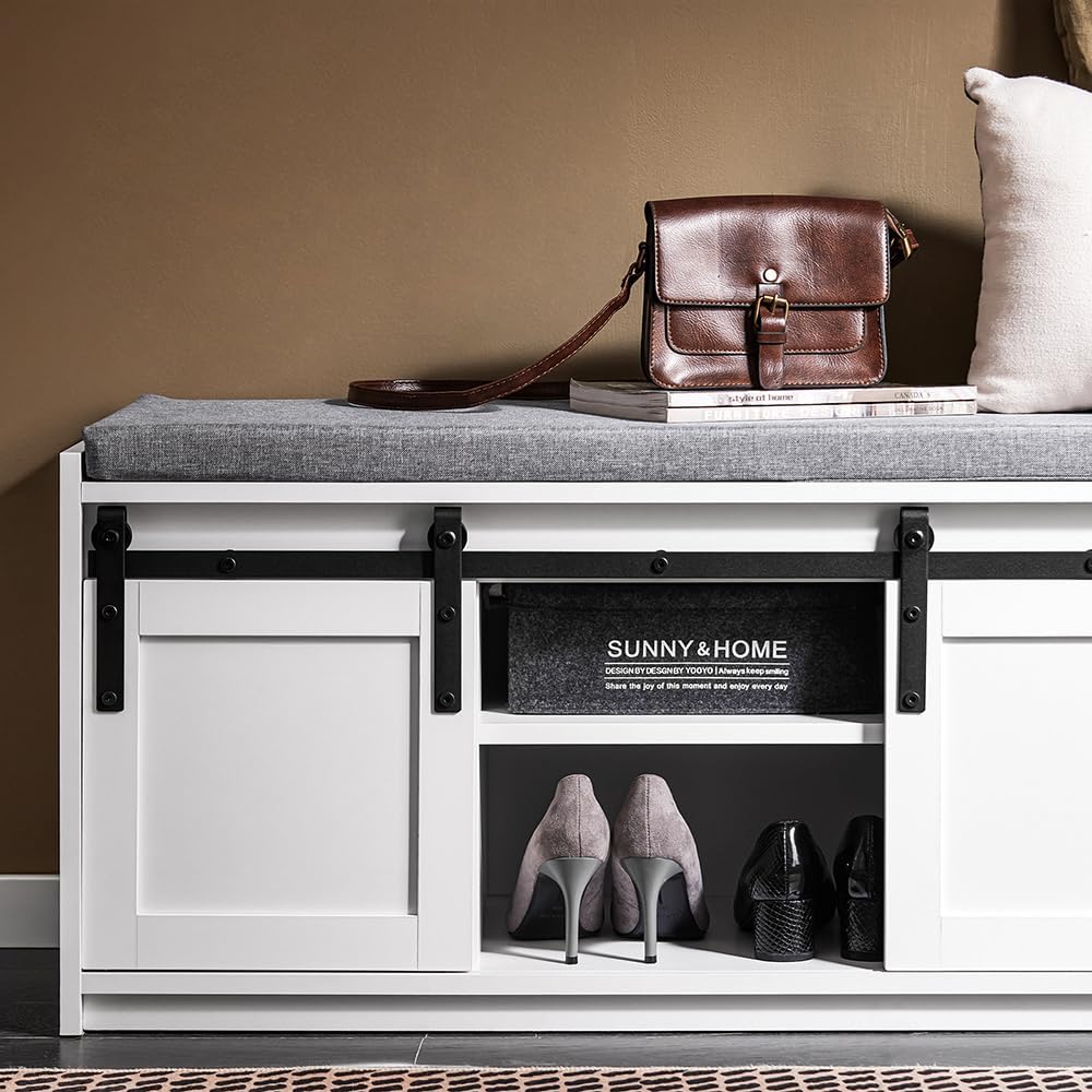 Haotian Industrial Style Shoe Storage Bench, Entryway Hallway Shoe Cabinet, Sliding Barn Doors, Drawer & Padded Seat Cushion, Rustic Window Bench for Mudroom (White) FSR198-W