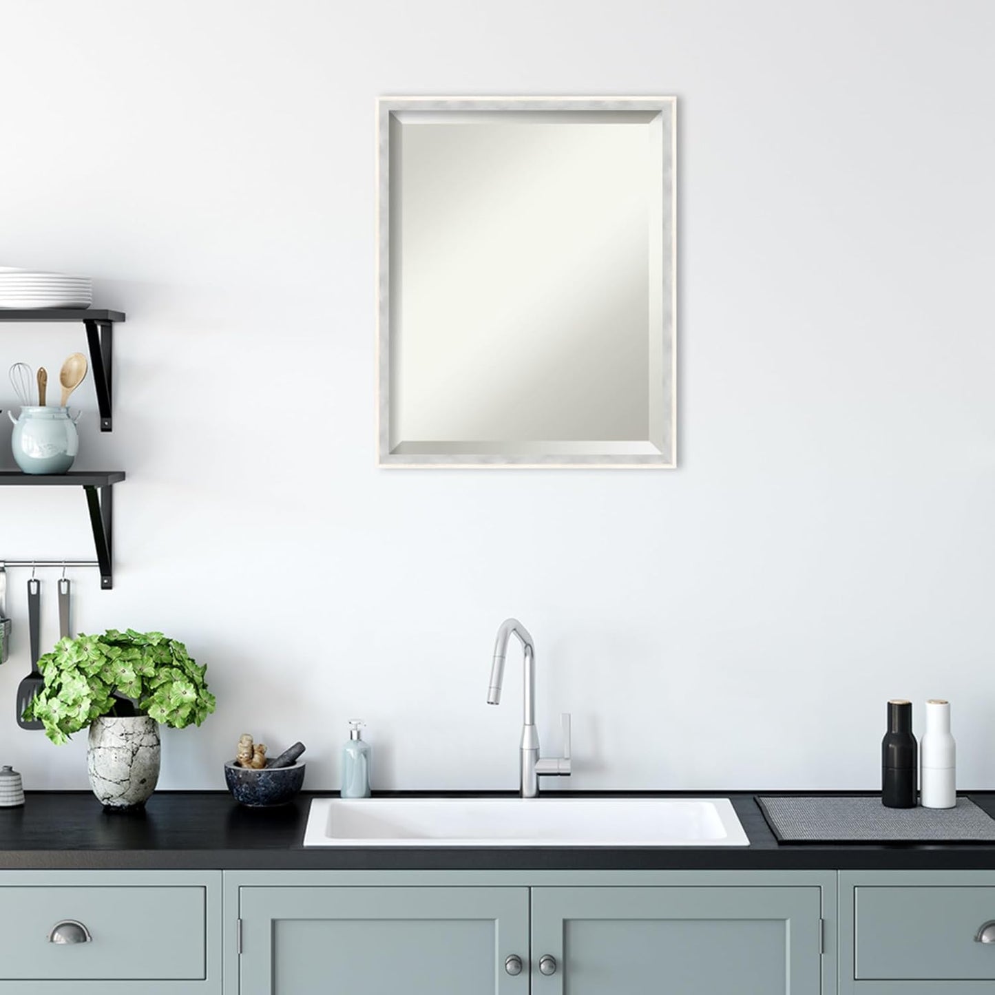 Amanti Art White Bathroom Mirror for Over Sink, 21x17 Paige White Silver Rectangle Vanity Mirror, Small Modern Contemporary Wood Frame, Hangs Horizonally and Vertically, Bathroom Wall Decor, Beveled