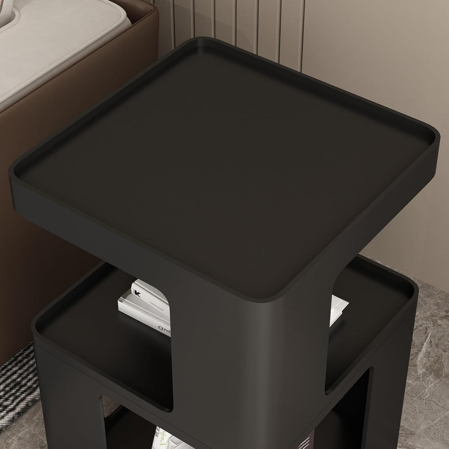 Black Side Table, Modern Nightstand Metal End Table for Living Room Bedroom,Square Bedside Table-3 Tier Storage,Not Assemble Required