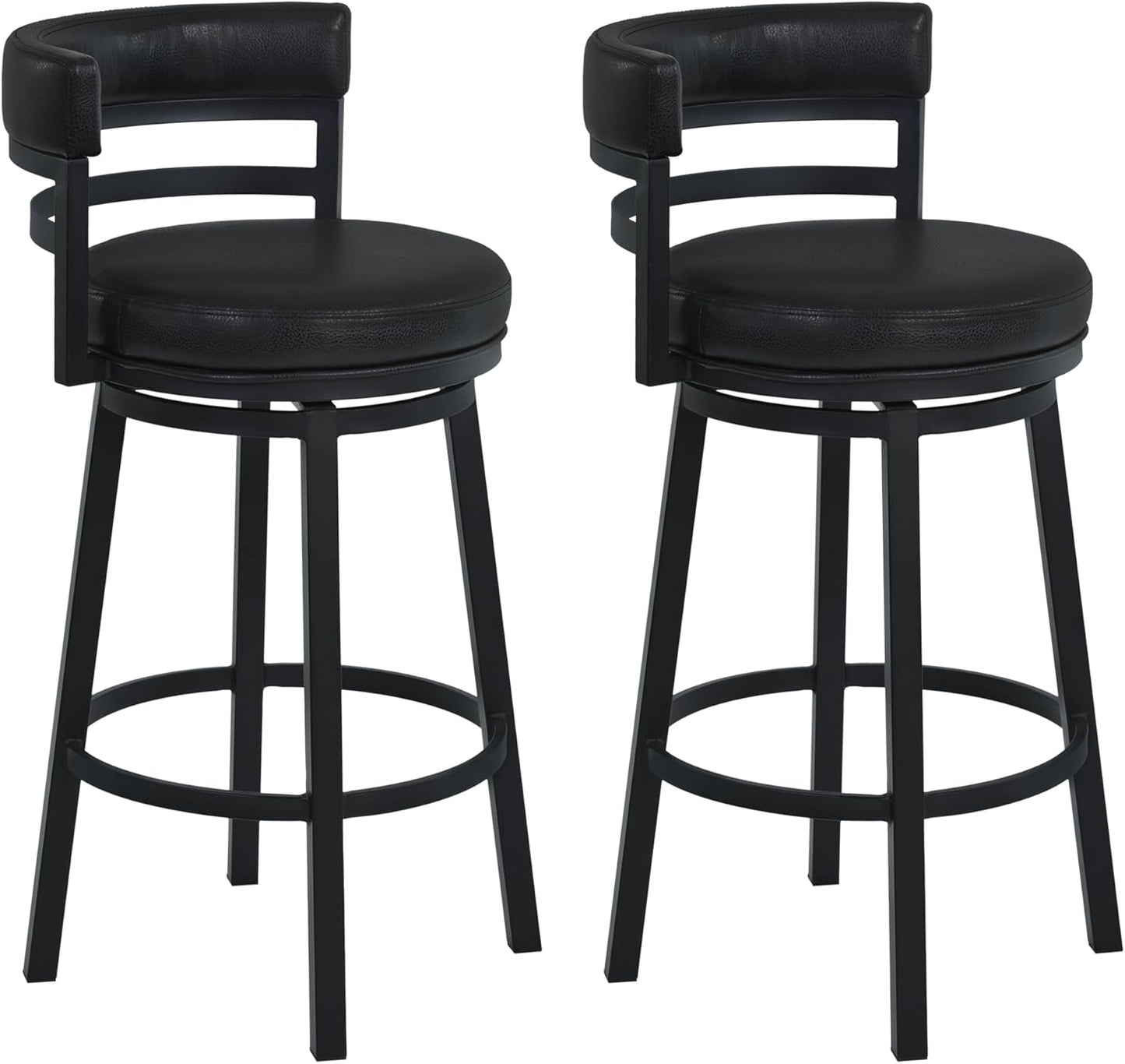 Armen Living Madrid 30" Seat Height Swivel Ford Black Faux Leather and Black Finish Bar Stool for Kitchen Island Counter, Set of 2