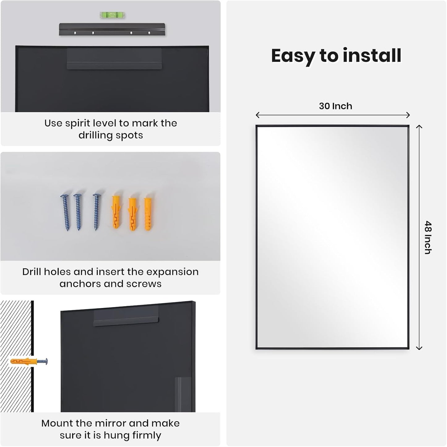 Melodieux Wall Vanity Bathroom Mirror for Over Sink, 30"x48" Rounded Rectangle Metal Deep Frame Wall Mounted Mirror Wall Decor for Living Room Hallway, Black