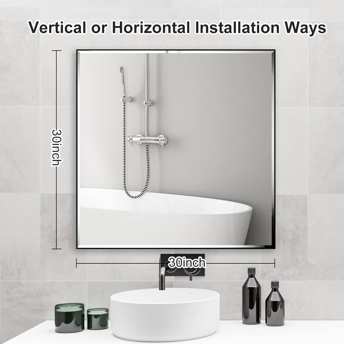 30x30 Inch Black Mirror with Beveled Trim, Aluminum Frame Bathroom Vanity Mirror, Copper-Free Mirror, Rectangle Wall Mounted Mirror, Modern Rectangular Mirror Horizontal or Vertical