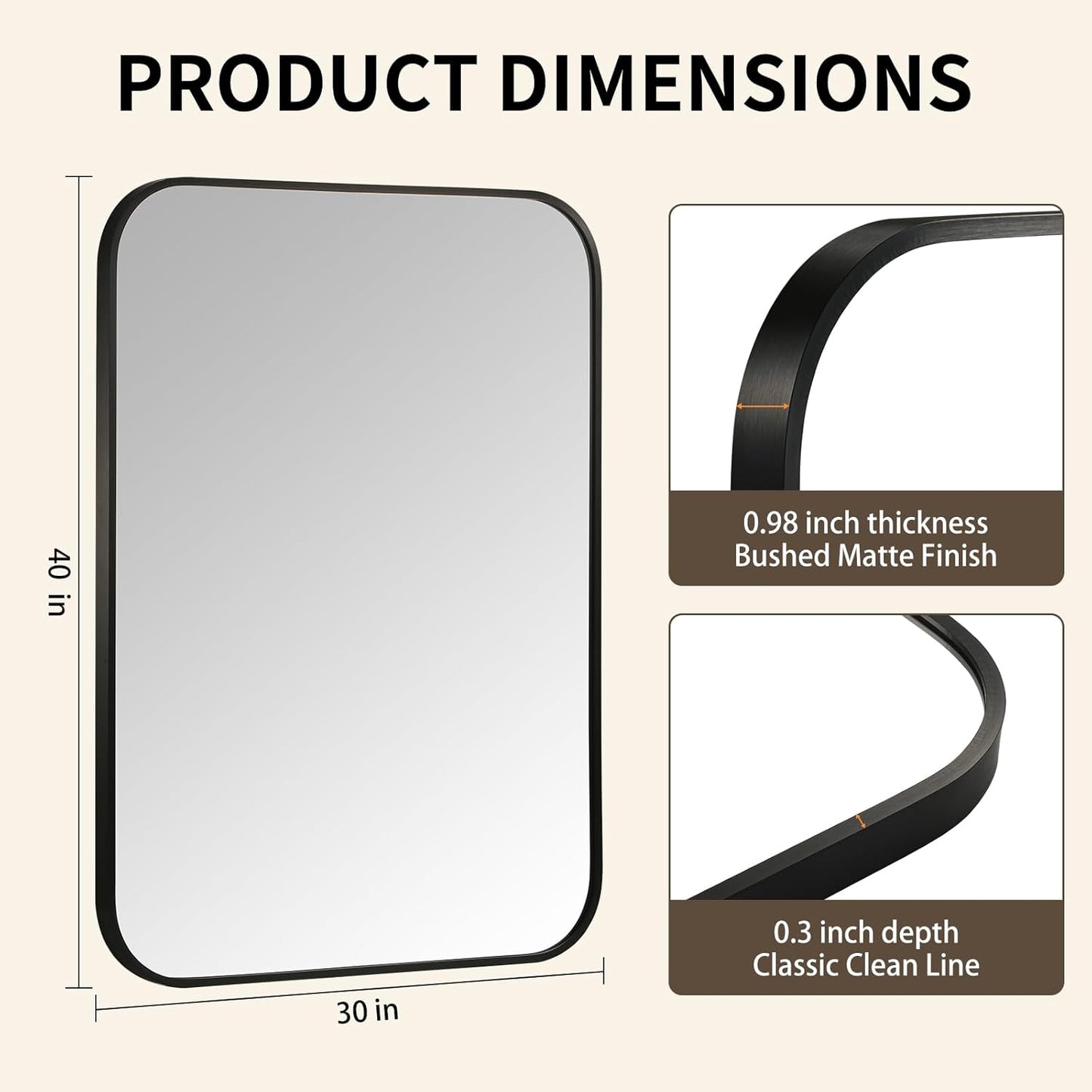 Black Bathroom Mirror, 40x30 Inch Aluminum Frame Rectangle Mirror, Anti-Rust, Tempered Glass, Wall Mirror for Over Sink, Vanity, Bedroom, Entryway, Horizontal/Vertical