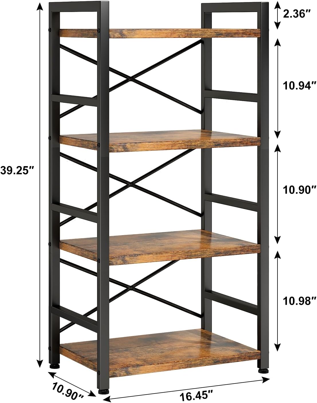 Homeiju Bookshelf, 4 Tier Small Bookcase, Organizers and Storage, Metal Small Bookcase, Rustic Book Shelf Organization and Storage for Living Room, Bedroom, and Home Office(Rustic Brown)